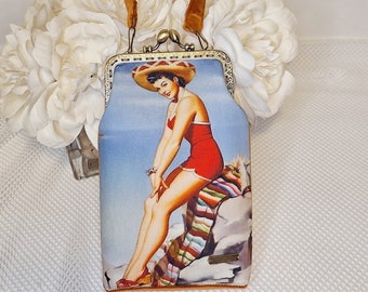 Vintage Beauty Poster Kiss Lock Clutch: Canvas & Velvet Coin Purse