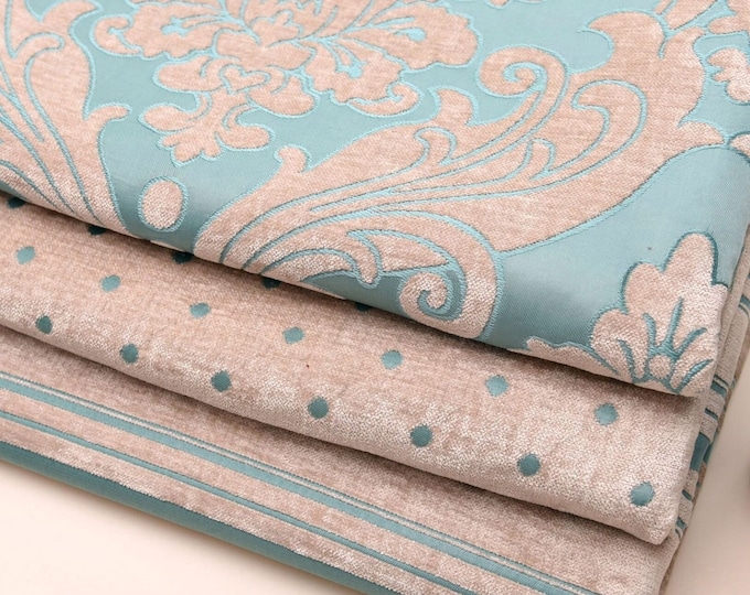 Teal Chenille Jacquard Fabric: Retro Damask Upholstery, Drapery, Quilting