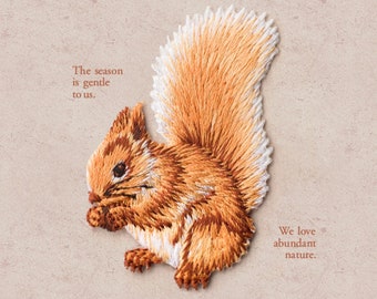 Squirrel Embroidery Patch: Iron-On Applique for Clothing