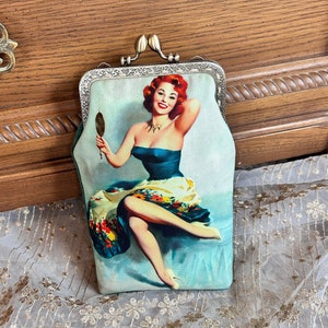 Cartera con cierre de beso, bolso vintage para teléfono, bolso de mano con cierre de beso, bolso para gafas con póster de belleza, bolso de lona de terciopelo con asa superior, monedero con marco para mujer