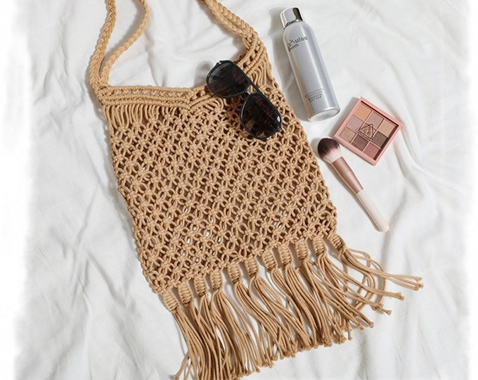 Macrame summer bag handbag cotton rope bag handmade beach bag shopping bag grocery bag women's handweaving tassels bag