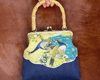 Handmade Silk Kiss Lock Clutch: Flower Peacock Bamboo Handle Evening Bag