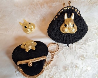 Black Velvet Bunny Mini Coin Purse: Handmade Lace Kiss Lock Pouch