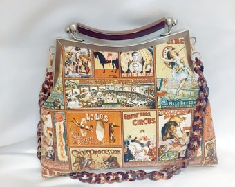 Handmade Circus Clutch Purse: Kiss Lock Top Handle Handbag