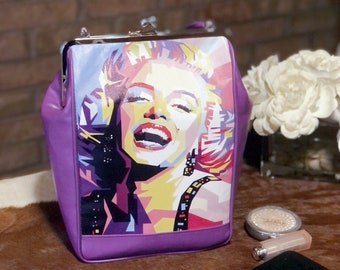 Pop Monroe Leather bag Kiss lock Clutch Leather frame purse Marilyn Monroe Handbag women's fashion Shoulder bag Pink Purple leather purse