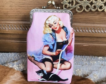 Vintage Poster Canvas Kiss Lock Clutch Bag: Velvet with Cotton, Brass Frame Purse