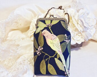 Flower Bird Jacquard Kiss Lock Clutch: Handmade Evening Bag