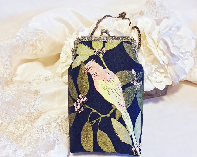 Flower Bird Jacquard Kiss Lock Clutch: Handmade Evening Bag