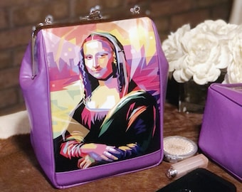 Pop Mona Lisa Leather bag Big size Kiss lock Clutch faux Leather frame purse women's fashion Shoulder bag Purple leather handbag