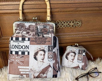Queen Elizabeth London Vintage Fabric Clutch: Bamboo Handle Kisslock Frame