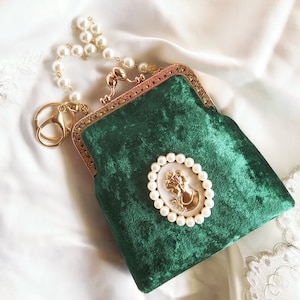 Sac à main Kisslock en velours émeraude vintage Beauty Handbag porte-cartes rétractable Porte-monnaie en tissu fait maison sac à main de soirée mode pour femmes