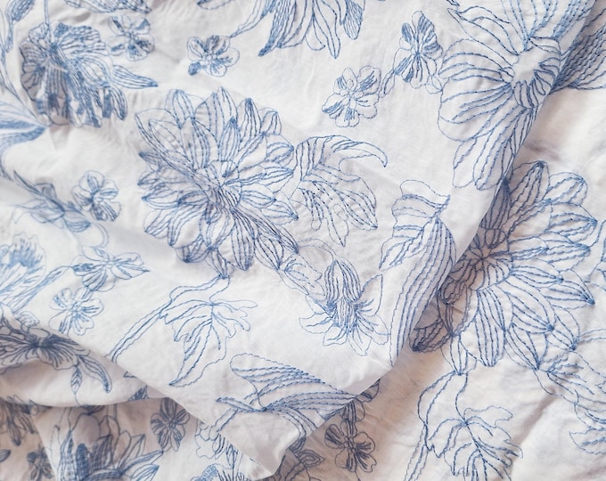 Blue Floral Embroidered Cotton Fabric: Porcelain Style