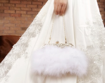 Ostrich Feather Kiss Lock Clutch: Hand Sewn Bridal Evening Bag