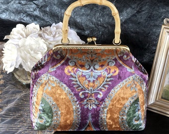 Handmade Velvet Clutch: Baroque Rococo Kiss Lock Bamboo Handle Purse