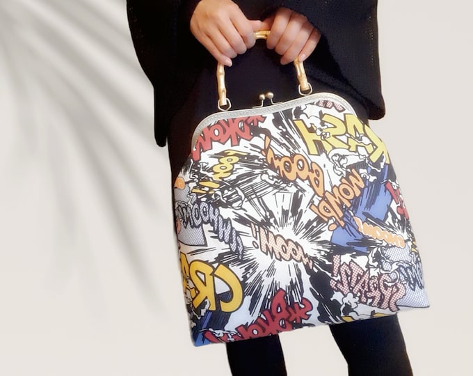 Comic Cotton Canvas Clutch: Bamboo Handle Kiss Lock Frame Bag