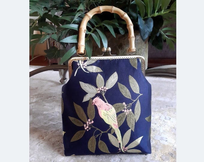 Vintage Bird & Flower Kiss Lock Clutch with Bamboo Handle