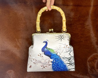Handmade Silk Kiss Lock Clutch: Bamboo Handle Evening Bag