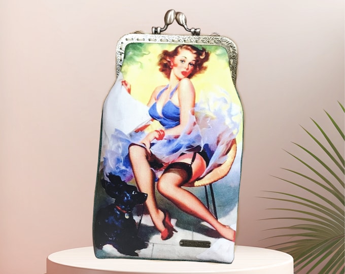 Vintage Beauty Poster Kiss Lock Bag: Canvas Velvet Clutch Coin Purse