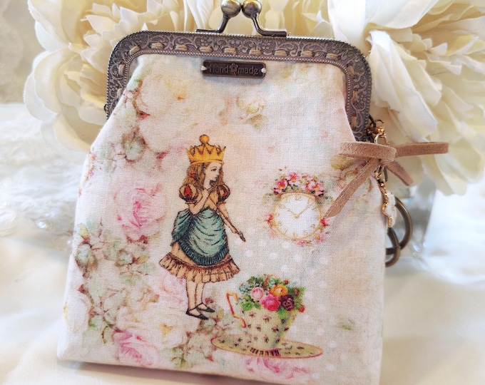 Alice in Wonderland Kiss Lock Coin Purse: Handmade Cotton Mini Clutch