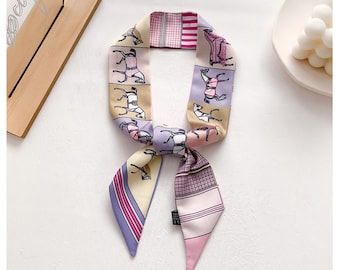 Pink Purple Horse pattern scarf, mini silk scarf, hair band, accessories bag charm