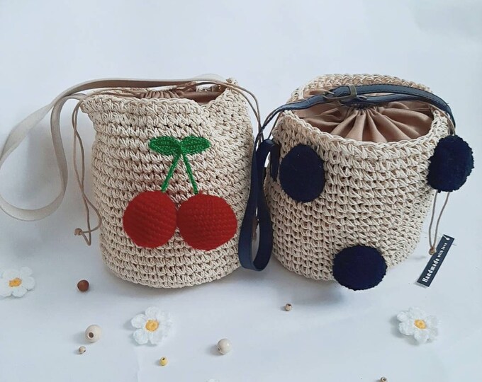 Clearance Sale Daisy crocheted bucket bag Indie Pop fashion bag cherry and pompom shoulder bag women's bag boho straw bag beach bag
