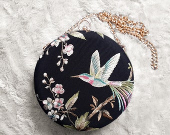 Handmade Vintage Round purse Embroidered bird and flower Handbag velvet clutch kiss lock frame purse women's handbag evening purse