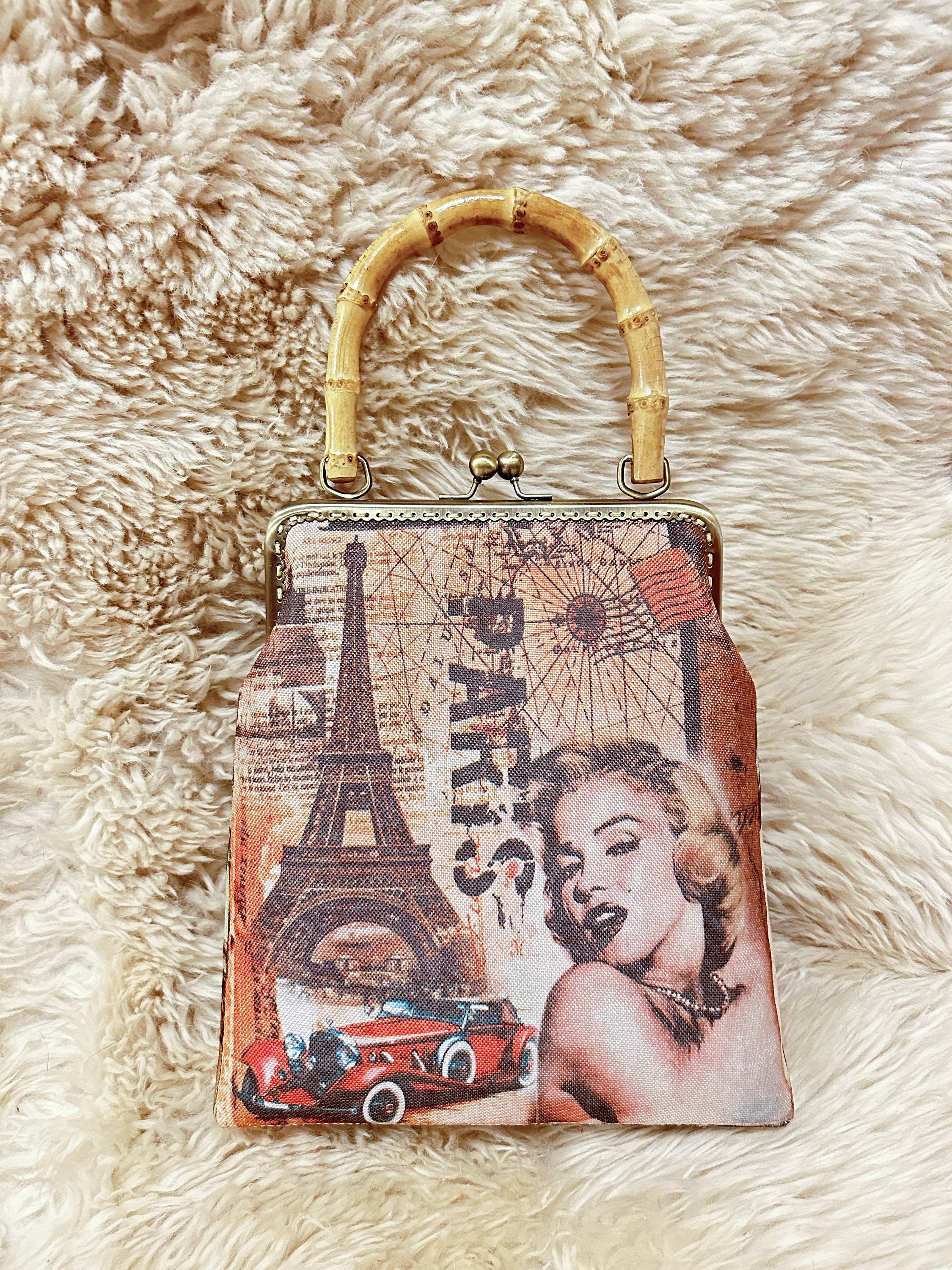 Kiss Lock Clutch Purse Vintage Fabric Frame Purse Marilyn Monroe Paris Eiffel Tower Bamboo Handle Bag Women's Fashion Handbag Party Evening