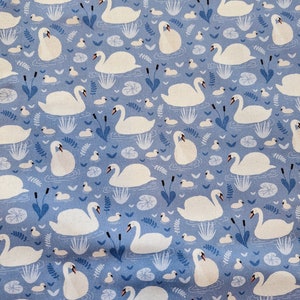 Pu&ograve; includere: Un tessuto blu con un motivo ripetuto di cigni bianchi che nuotano in uno stagno. I cigni sono stilizzati e hanno un design semplice. Lo sfondo &egrave; di colore blu chiaro con piccoli punti bianchi.