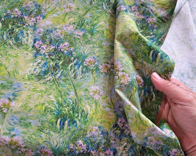 Monet Agapanthus Print Cotton Fabric: Oil Painting Calico, Quilting Fabric