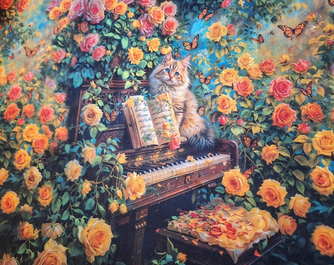 Cat and Flowers Cotton Fabric: Vintage Oil Painting Calico
