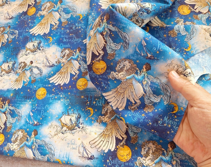 Vintage Unicorn Cotton Fabric: Knight, Sea Sailing Print - Sewing & Quilting