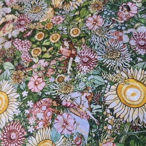 Peut inclure: Un tissu floral coloré avec un motif répétitif de fleurs, de feuilles et de papillons. Le tissu présente une variété de couleurs, notamment le rose, le jaune, le vert et le bleu.