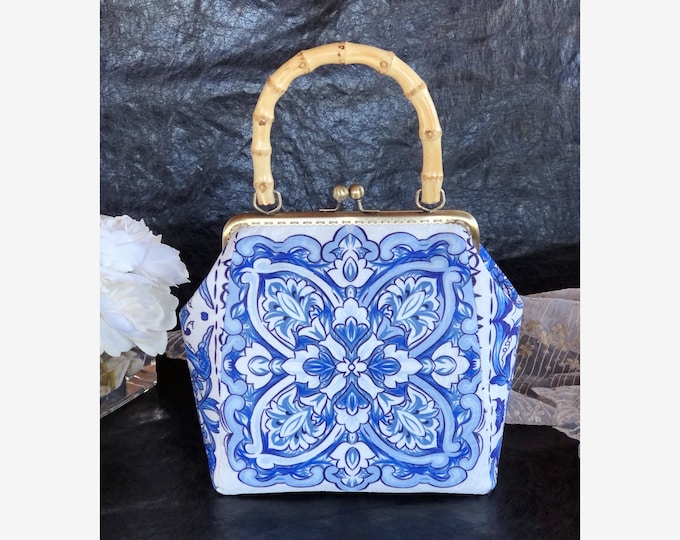 Handmade Maiolica Jacquard Clutch: Blue & White Bamboo Handle Purse