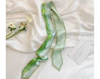 Extra length ribbon scarf Oil painting flower pattern silk scarf for whatever you want like necklace hair band accessories bag decor making