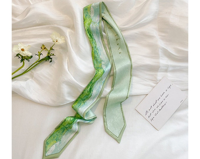 Extra length ribbon scarf Oil painting flower pattern silk scarf for whatever you want like necklace hair band accessories bag decor making