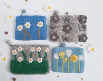 Hand Knit Felted Wool Coin Purse: Floral Women's Bag