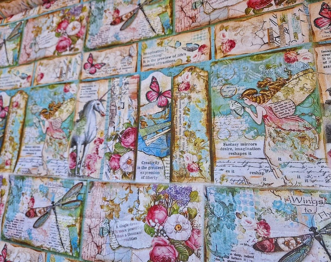 Vintage Fantasy Flower Fairy Cotton Fabric: DIY Junk Journal Material