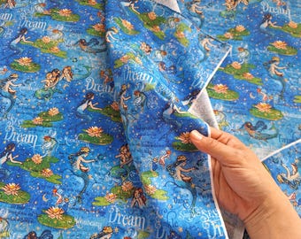 Blue Mermaid Fairy Cotton Fabric: Quilting, Crafts, Apparel