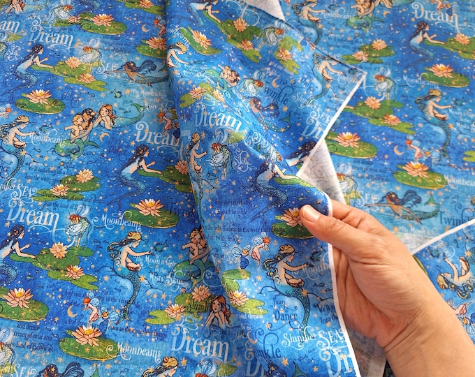 Blue Mermaid Fairy Cotton Fabric: Quilting, Crafts, Apparel