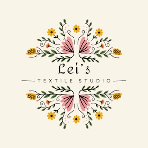 May include: A logo design featuring the text Lei's TEXTILE STUDIO centred between two symmetrical floral arrangements. The design includes stylised pink petals, yellow flowers, and green leaves on a light cream background.