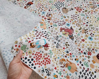 Cartoon Cat & Flowers Fabric: Cotton Linen Quilting Fabric