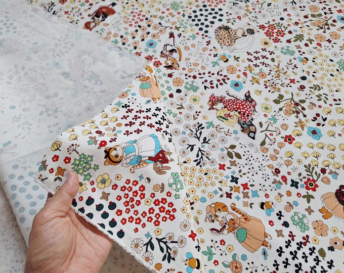 Cartoon Cat & Flowers Fabric: Cotton Linen Quilting Fabric