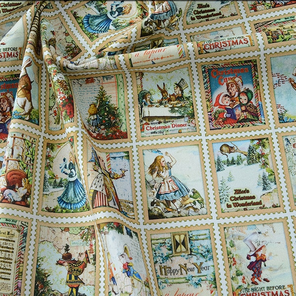 Tissu en coton 16 couleurs Timbres vintage et motifs Les aventures d'Alice au pays des merveilles Tissu limité par mètre Tissu au trimestre