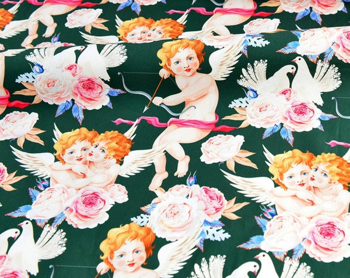 Cupid Angel Cotton Fabric: Valentine's Day Rose Pigeon Print
