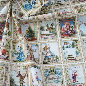 Cotton Alice Vintage Stamps Fabric Alice's Adventures in Wonderland patterns Limited Fabric by the yard Fabric by the quarter