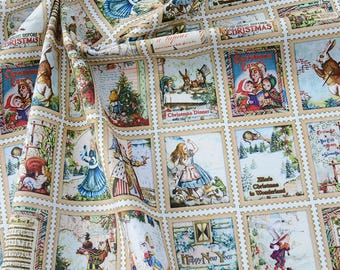Alice in Wonderland Cotton Fabric: Vintage Stamps Style