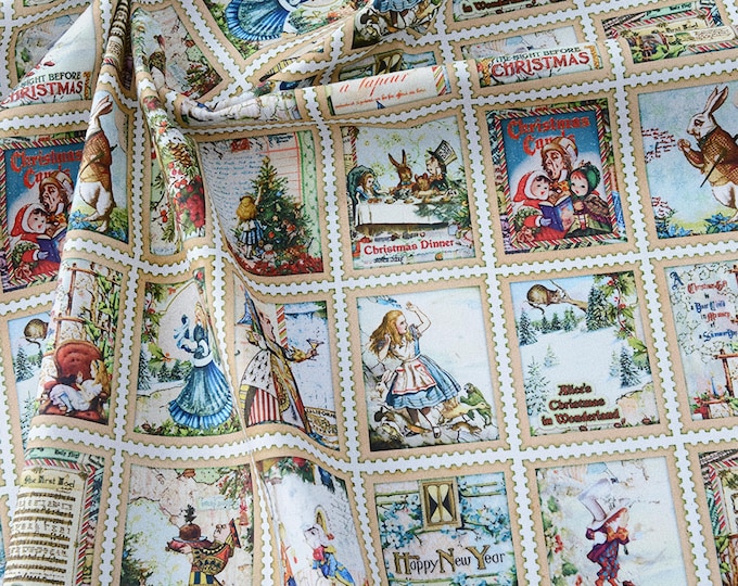 Alice in Wonderland Cotton Fabric: Vintage Stamps Style
