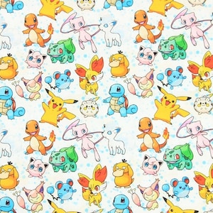 May include: White fabric with a repeating pattern of colourful cartoon characters. The characters include Pikachu, Charmander, Squirtle, Bulbasaur, and others, set against a backdrop of small blue splatters.