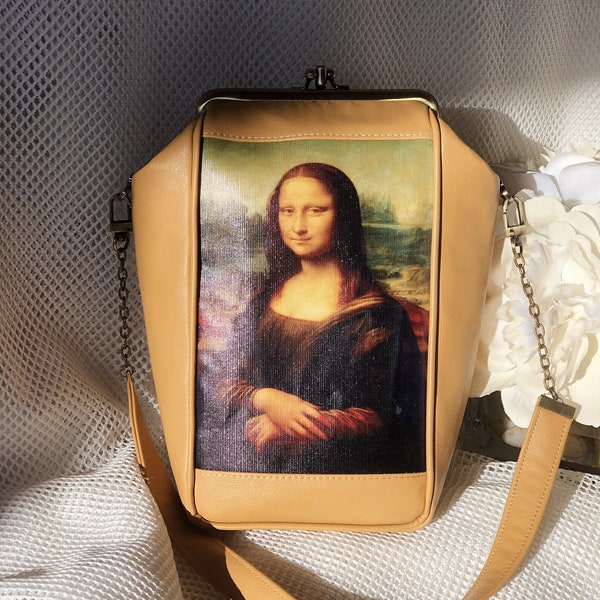 The Mona Lisa Leather bag Double clasp Kiss lock Clutch Leather frame purse women's fashion Shoulder bag Light Brown leather purse