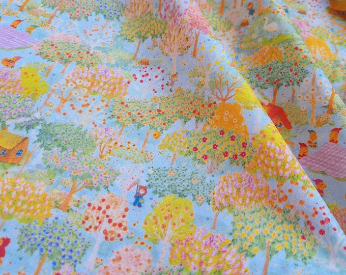 Cartoon Animal Garden Fabric: Colorful Floral 100% Cotton